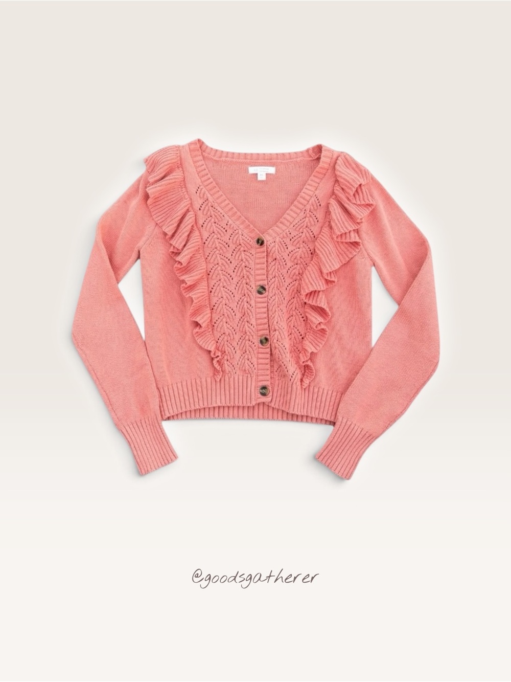 LC Lauren Conrad Coral Ruffle Pointelle Knit Cardigan Sweater XS Cotton Blend